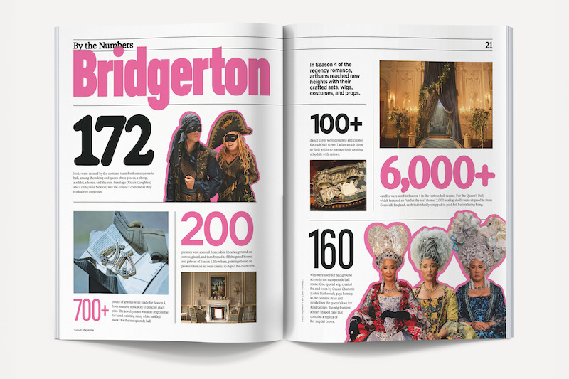 Magazine spread featuring “Bridgerton” statistics, images of cast in costume, ornate props, and set designs, highlighting numbers like 172 costumes, 6,000+ items, and 700+ jewelry pieces, in a colorful, stylistic layout.