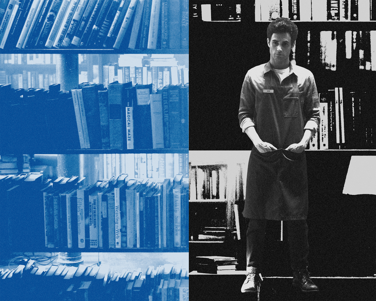 Collage of the bookshelves in Mooney’s and Joe Goldberg.