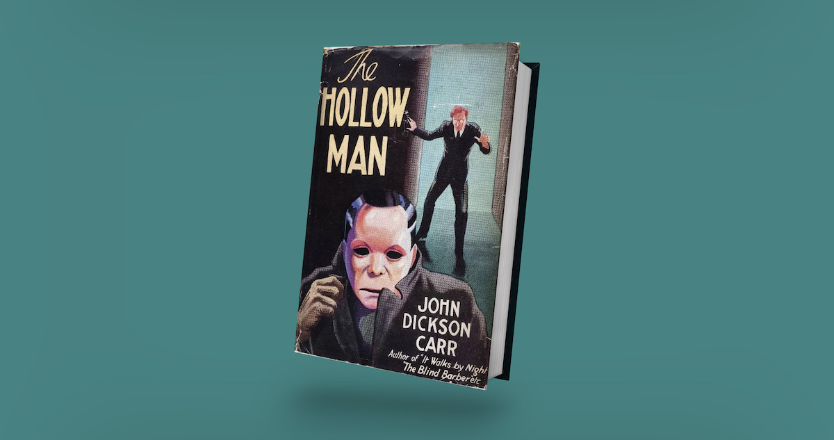Book cover of "The Hollow Man" by John Dickson Carr, featuring a masked figure in the foreground and another person in the background, set against a mysterious and suspenseful atmosphere.