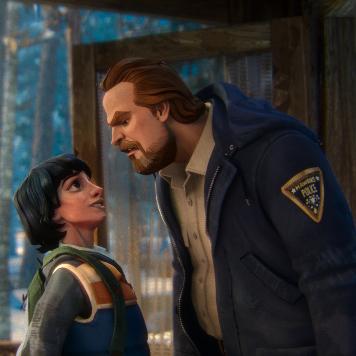 Animated scene showing a police officer in a dark blue jacket leaning in to speak seriously with a young person wearing a backpack in a rustic, wooden setting with natural light and blurred trees in the background.