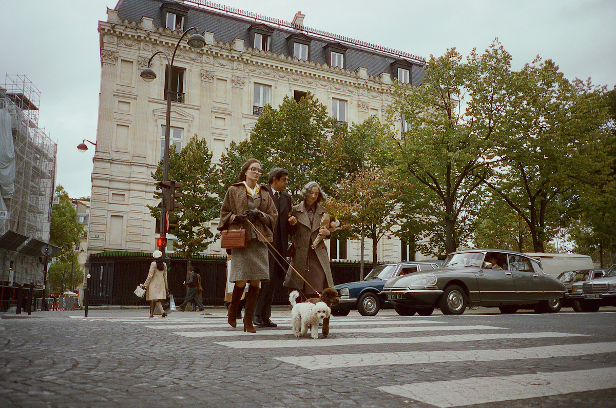 Angelina Jolie as Maria Callas crossing a European street with two dogs and other characters.