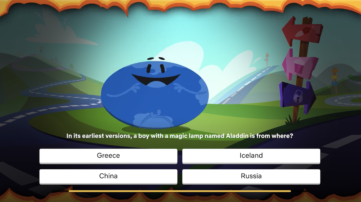 Question: In its earliest versions, a boy with a magic lamp named Aladdin is from where?  Answer choices: Greece Iceland China Russia  Correct answer: C) China