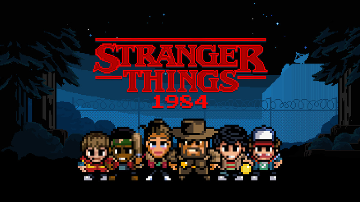A pixel version of the Stranger Things gang with the words ‘Stranger Things’ in pixel type.