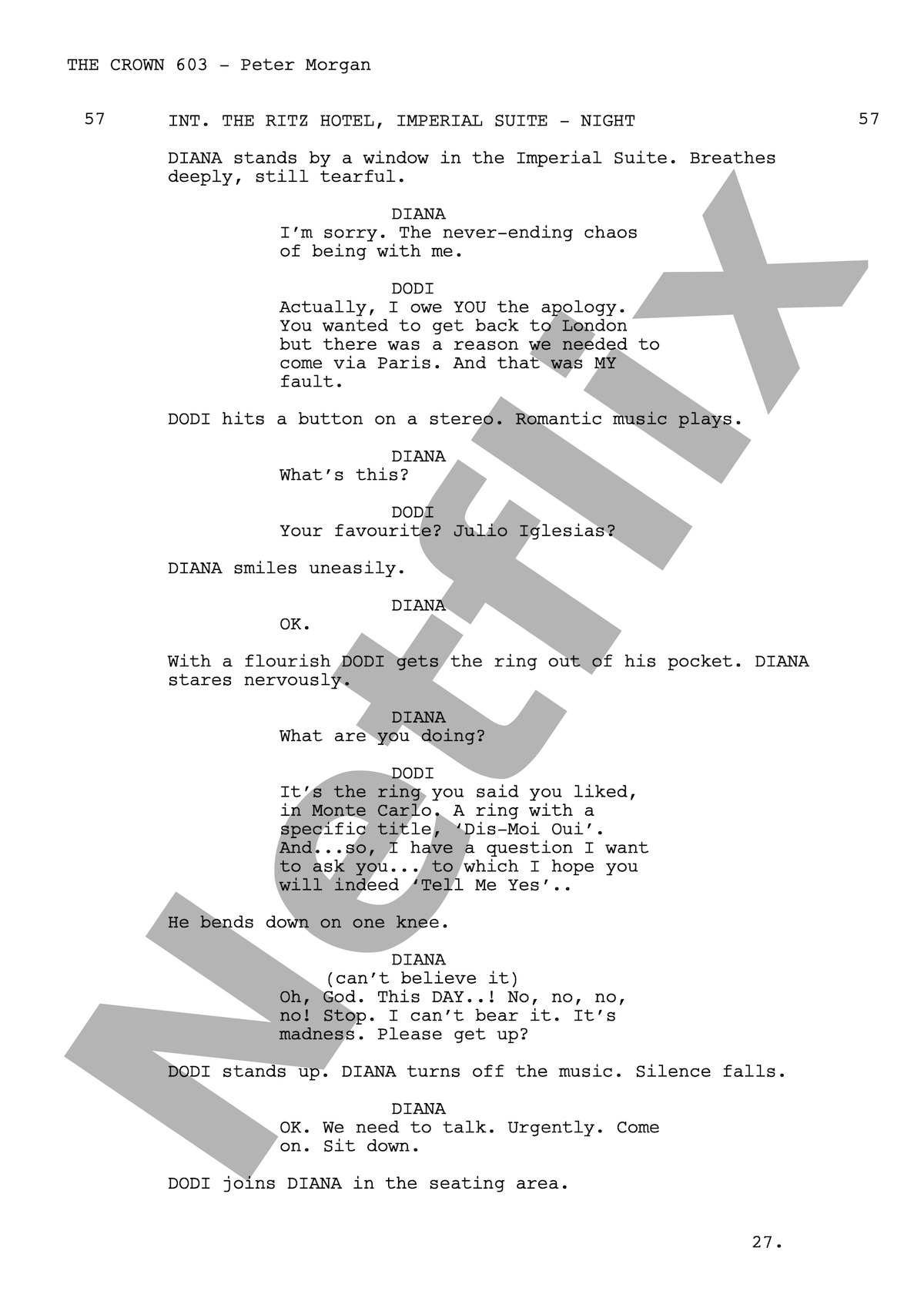 A script page from The Crown, Episode 603