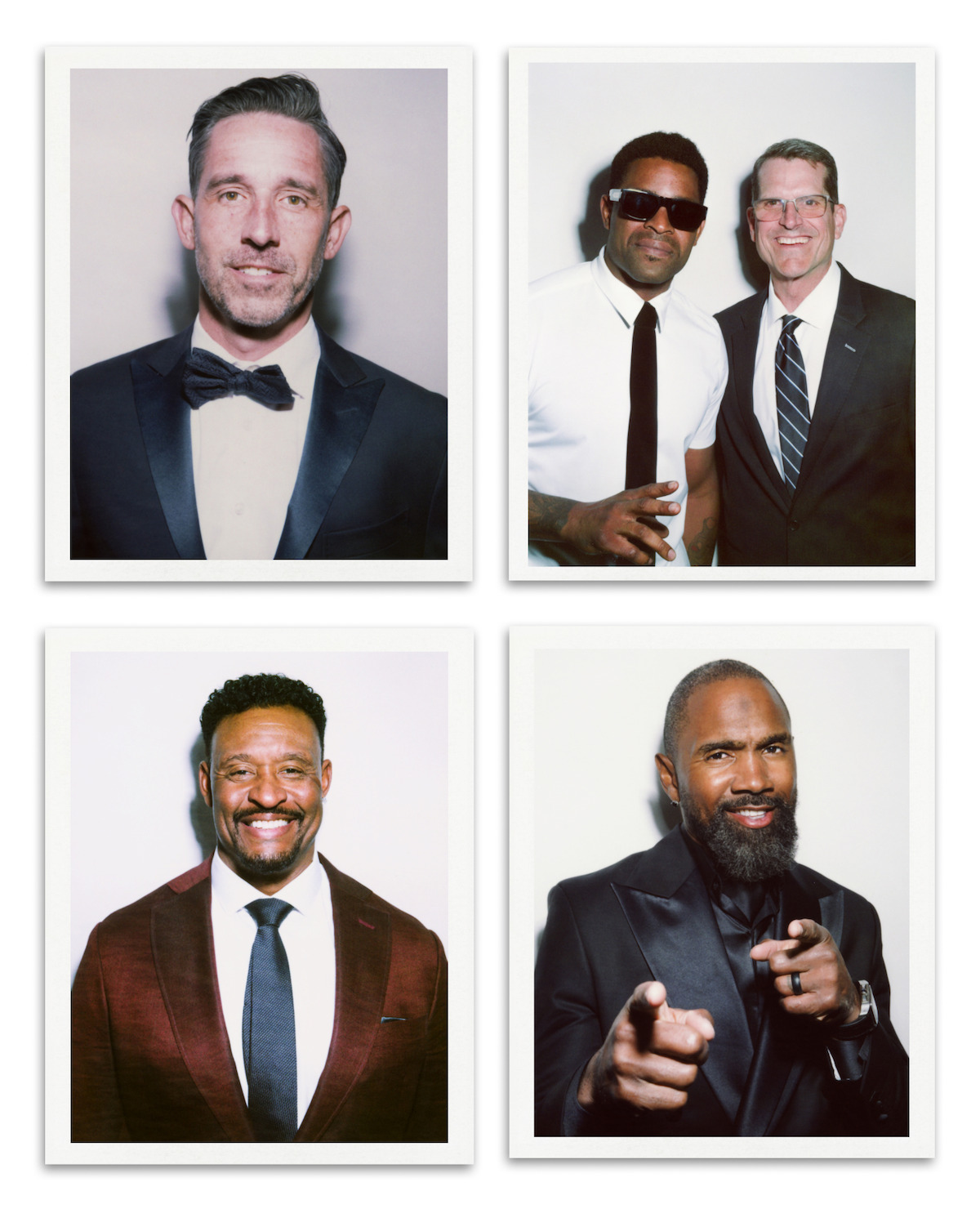 Clockwise from top left: Kyle Shanahan, Michael Crabtree and Jim Harbaugh, Charles Woodson, and Willie McGinest