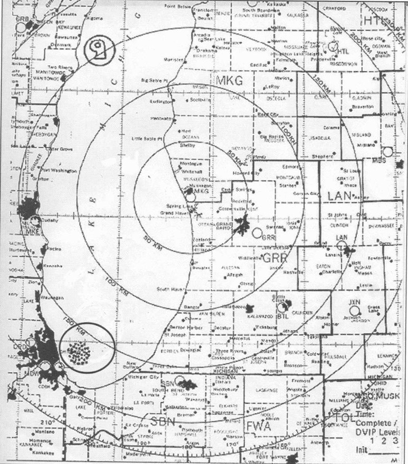 The three large objects vanished, but there were several smaller objects off the coast of Lake Michigan. - ‘Unsolved Mysteries’ Volume 3: ‘Something In the Sky’ Radar Map Gallery