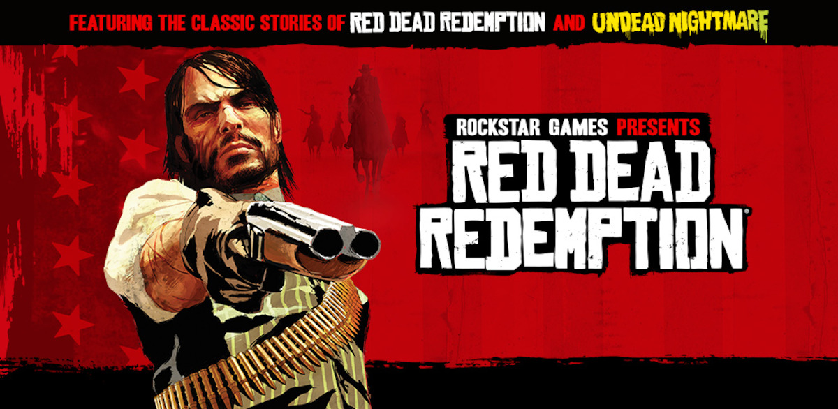 A rugged cowboy holding a shotgun points it forward with a determined look, set against a gritty red Western background. Bold text announces Rockstar Games’ Red Dead Redemption and Undead Nightmare, evoking a tense, action-packed mood.