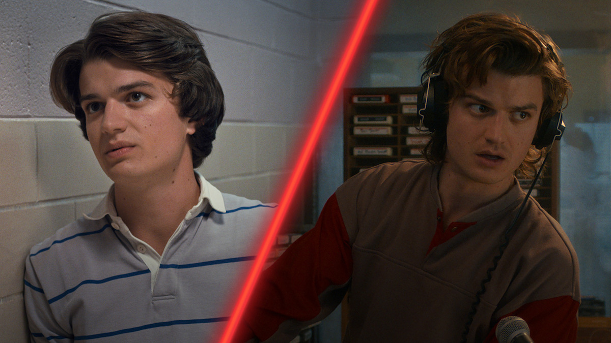 Diptych of Joe Keery as Steve Harrington in ‘Stranger Things’ Season 1 and Season 5.