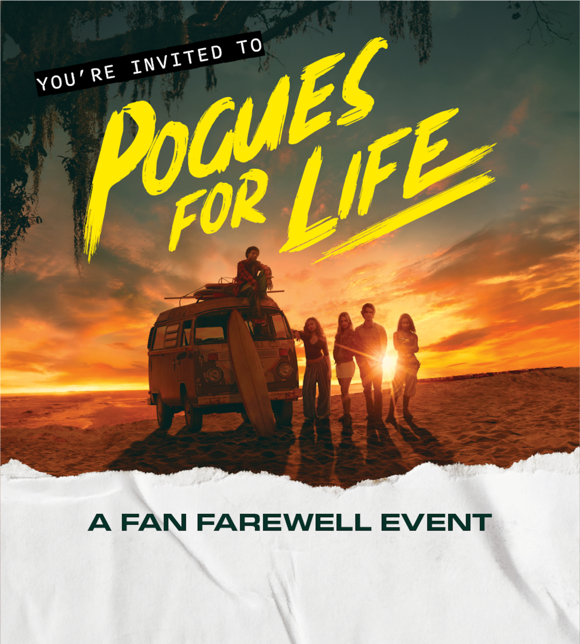Group of people standing by a van on a beach at sunset for a fan farewell event, with text "You're invited to Pogues For Life" and "A Fan Farewell Event" over a dramatic sky and warm light.