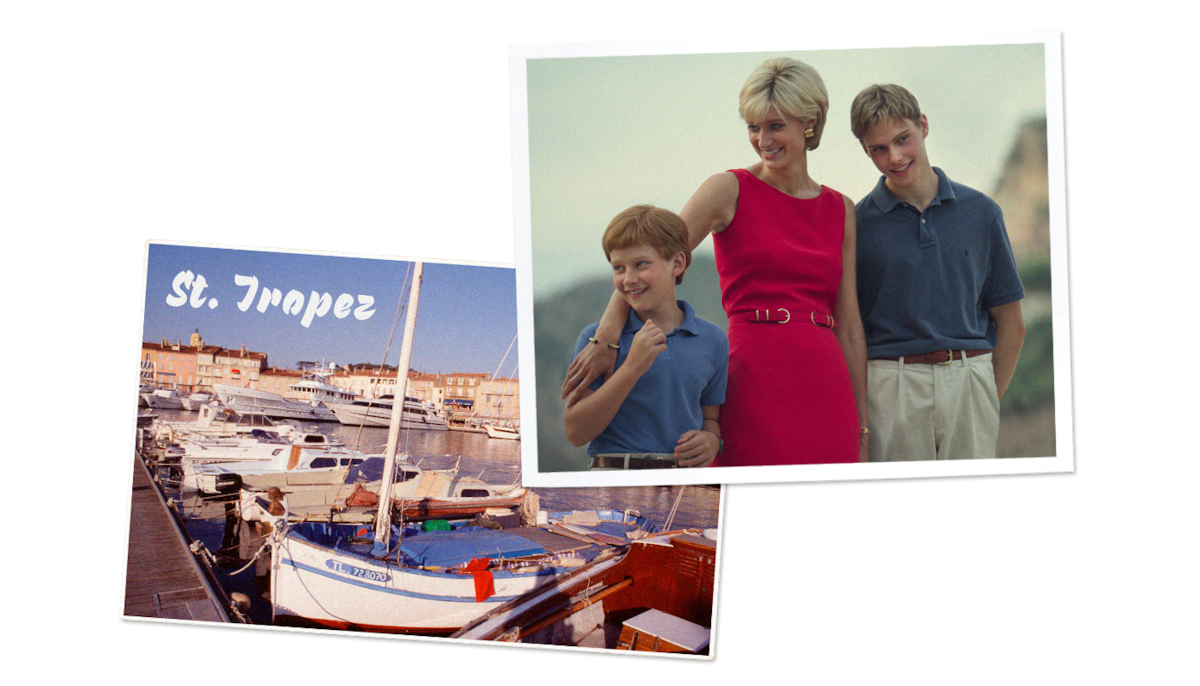 A postcard that reads ‘St Tropez’ and Diana with her two sons. 