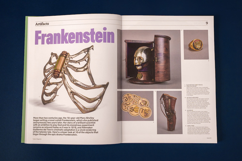 Spread from Tudum Magazine - Frankenstein set pieces