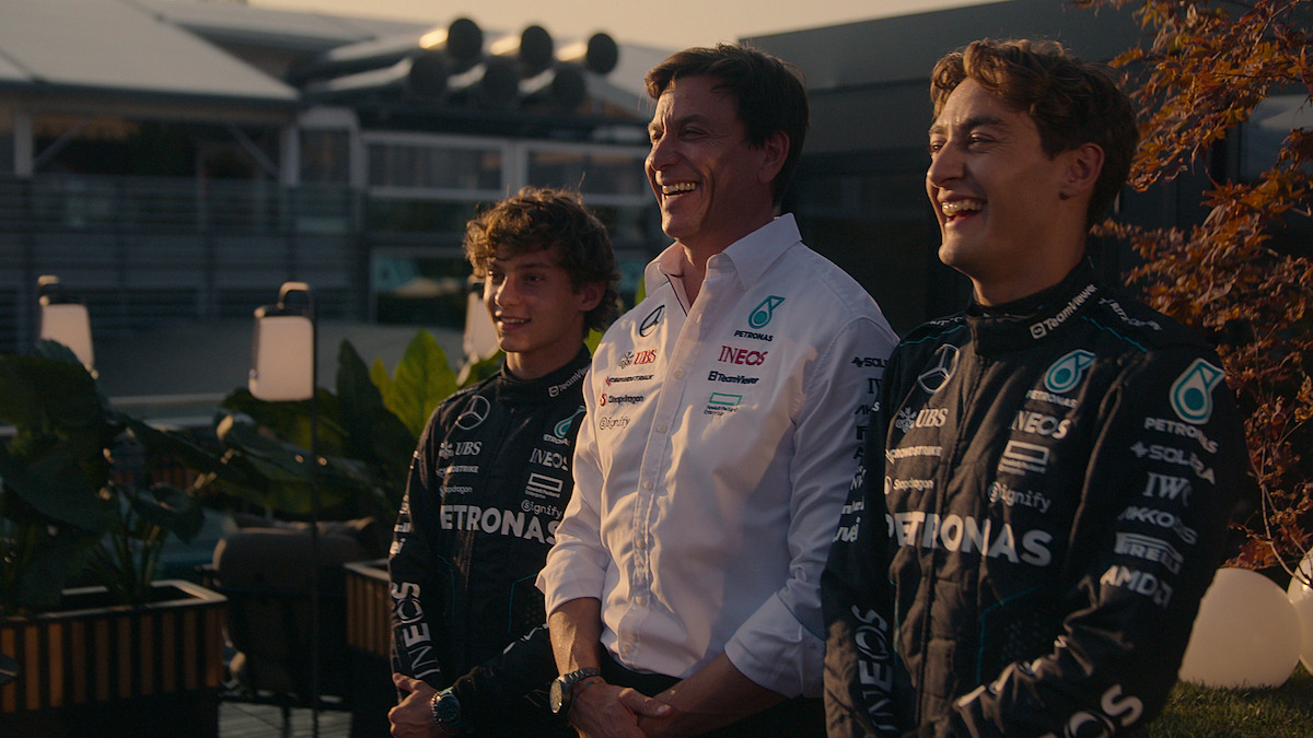 Kimi Antonelli, Toto Wolff, and George Russell.