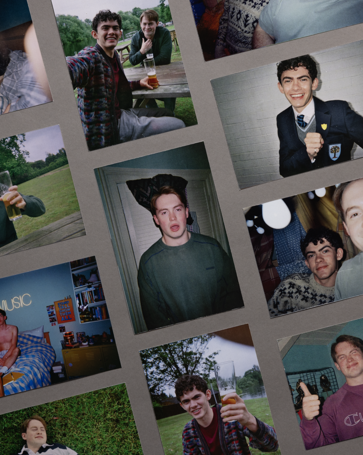A collage of candid photos featuring young men in casual and outdoor settings, holding drinks, smiling, and posing together at parks, rooms, and social gatherings.