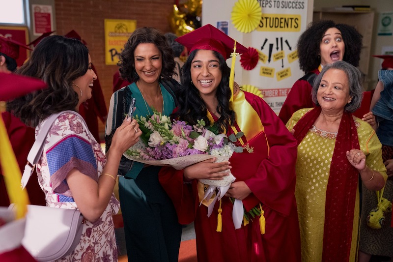 Richa Moorjani as Kamala, Poorna Jagannathan as Nalini Vishwakumar, Maitreyi Ramakrishnan as Devi, Ranjita Chakravarty as Nirmala and Lee Rodriguez as Fabiola Torres in Season 4 of Never Have I Ever.