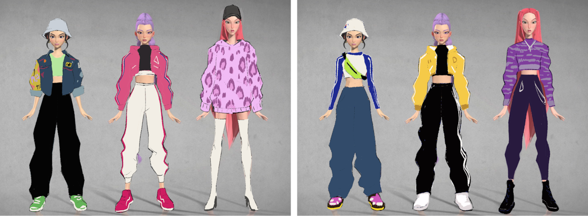 Six animated characters in trendy streetwear, standing side by side against a plain gray background, each with unique clothing styles, colorful hair, and various accessories, displaying a modern urban fashion vibe.