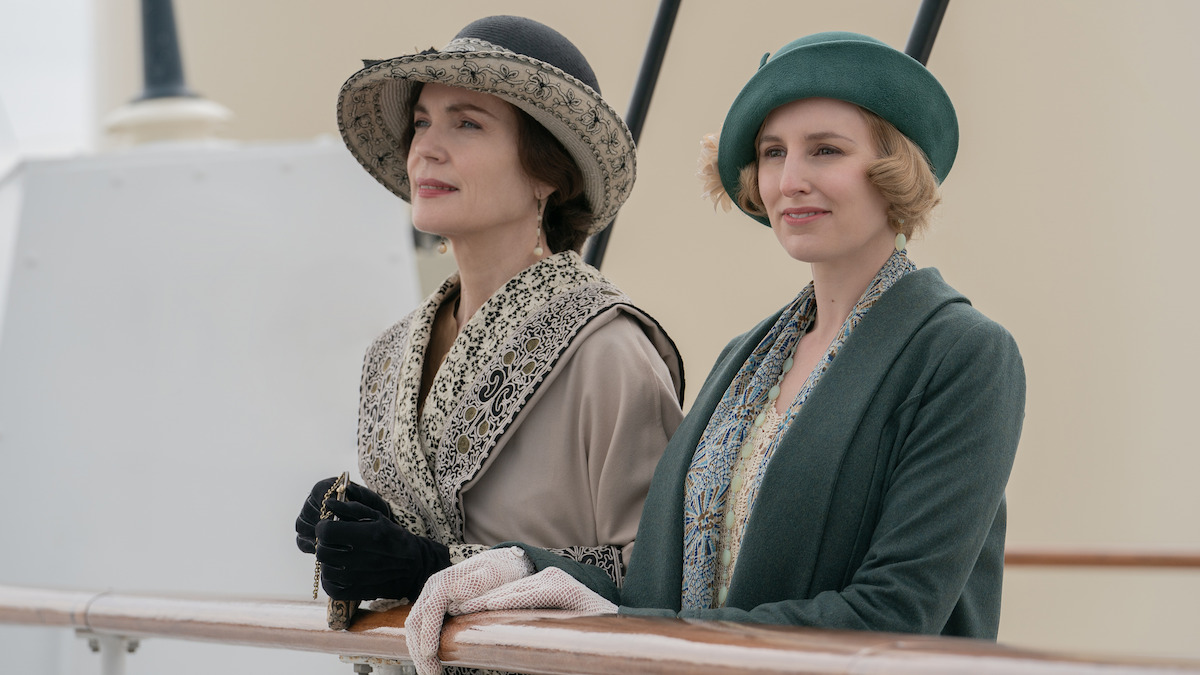 Elizabeth McGovern, as Cora Crawley, and Laura Carmichael, as Edith Pelham, observe the water in ‘Downton Abbey: A New Era.’