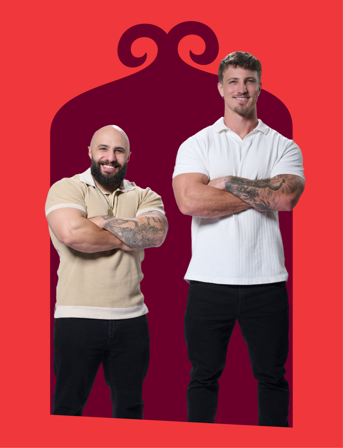 Two men with muscular builds, standing side by side with arms crossed, smiling, in casual shirts and dark pants. They are in front of a stylized archway shape on a red background.