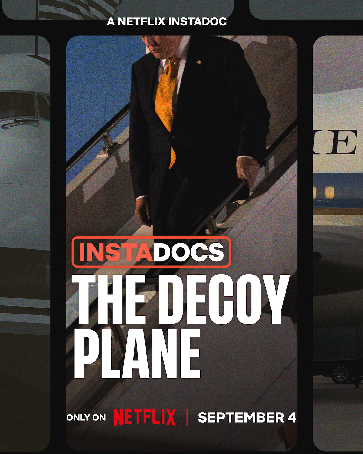 A man in a suit with a yellow tie descends airplane stairs at night, featured in a Netflix documentary promo titled "The Decoy Plane," with a release date of September 4. Airplane cockpit and runway visible in background.