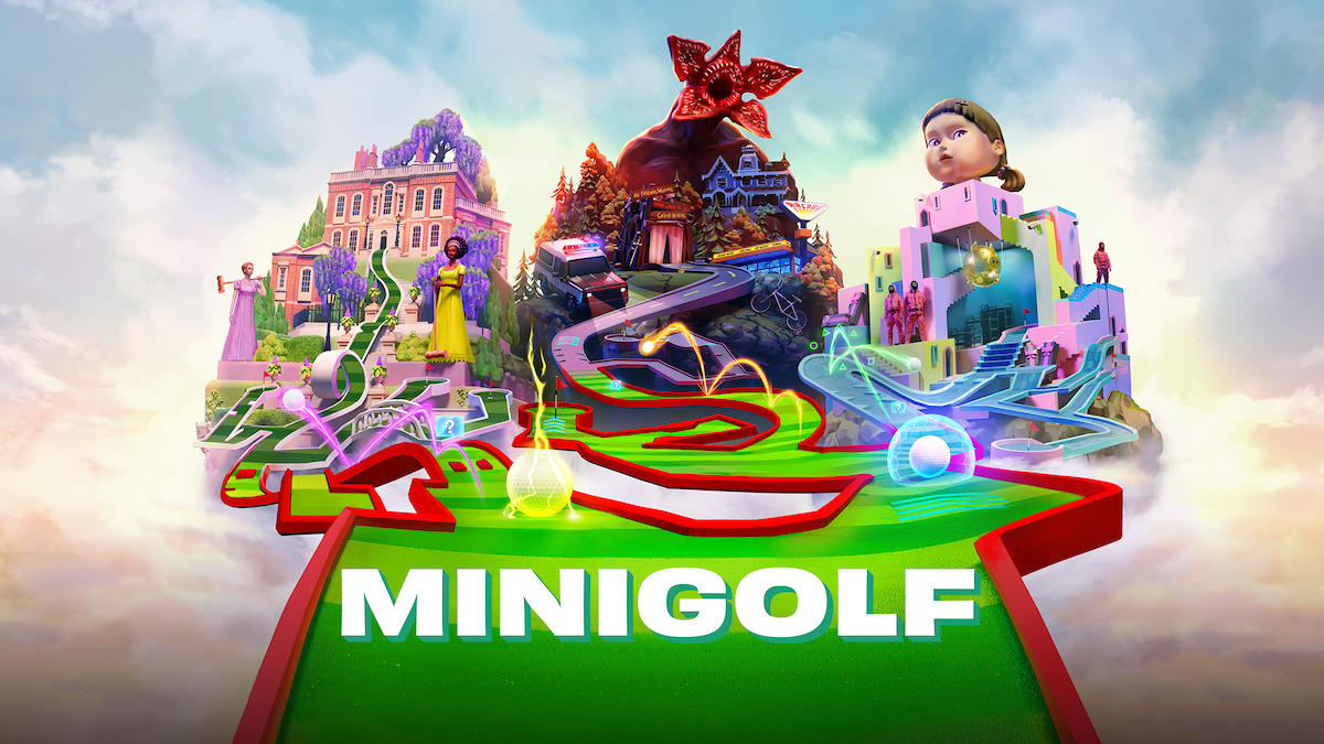 Colorful minigolf course set in a fantasy environment with whimsical buildings, a giant red dog statue, playful structures, and a large “MINIGOLF” sign in the foreground under a bright, cloudy sky.