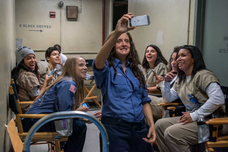 Jessica Pimentel as Maria (Right) on the set of Orange Is The New Black Season 5.