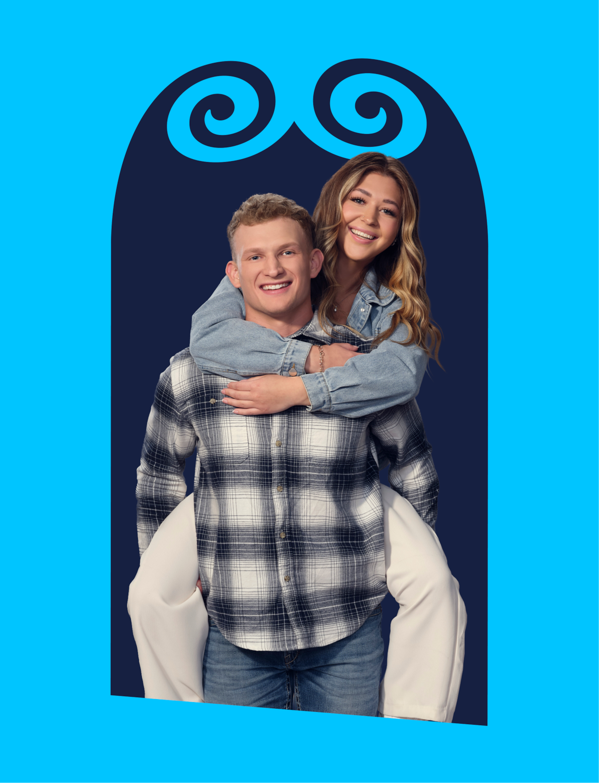 Smiling young man in plaid shirt gives a piggyback ride to a woman in casual denim outfit; both pose happily inside a graphic blue and navy arched frame with swirl designs.