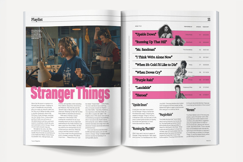 Magazine spread featuring Stranger Things with a photo of two people in a recording studio. The right page lists an 80s-themed playlist with song titles, artist images, and descriptions, with pink and black highlighting.