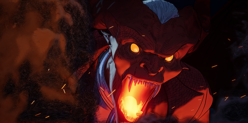 A fierce, fire-breathing demon with glowing eyes and fangs roars amid smoke and sparks, its mouth lit with fiery energy in a dramatic, dark fantasy setting.