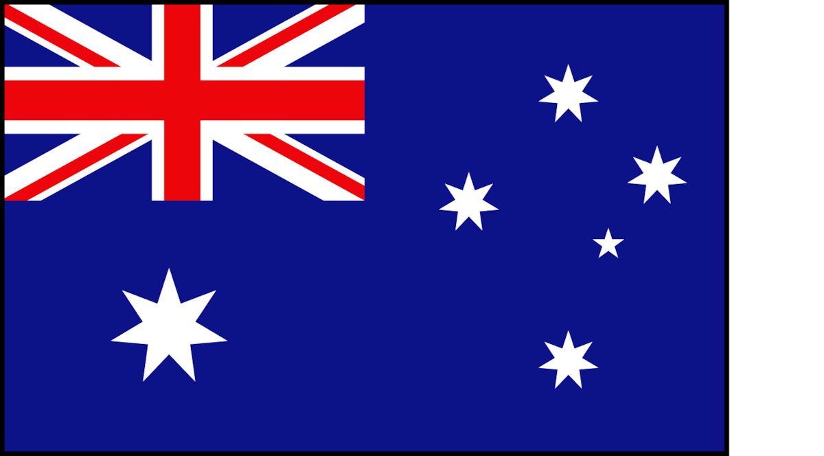 Australia's national flag with a blue field, Union Jack in the top left corner, and six white stars representing the Commonwealth Star and the Southern Cross constellation.