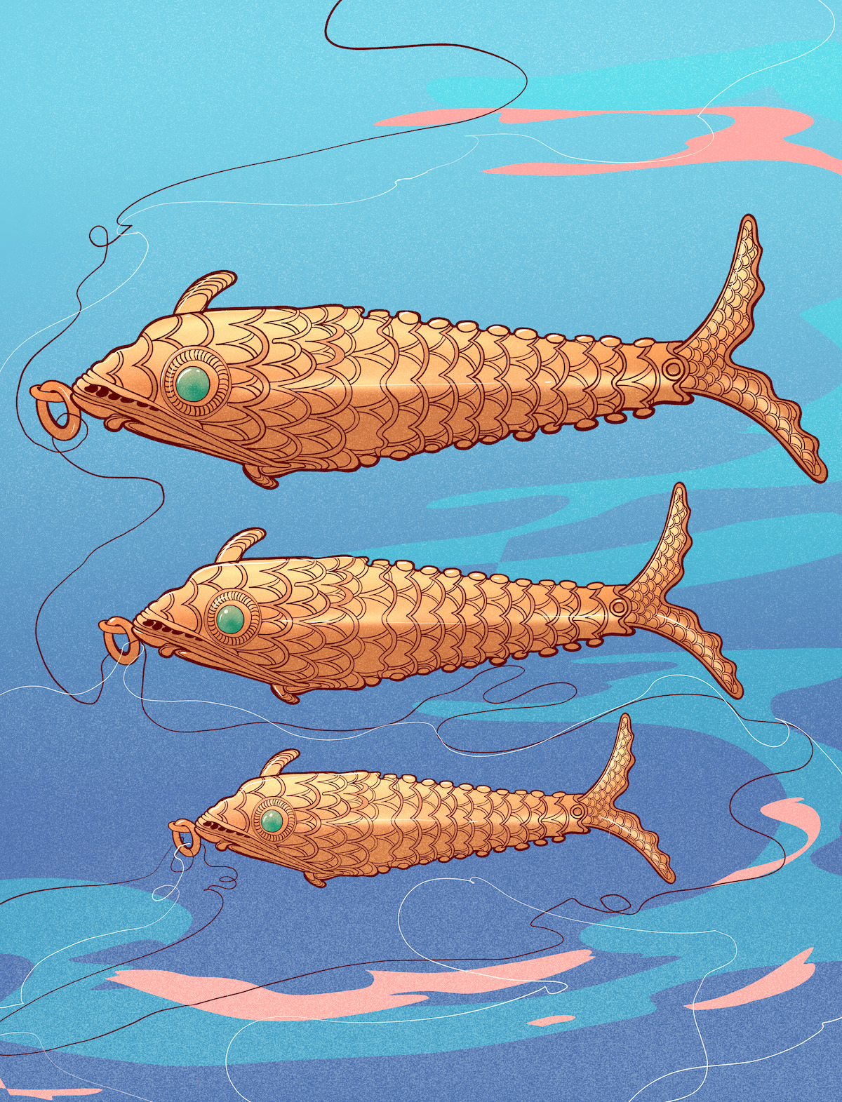Illustration of bright gold fish on a background of blue and peach