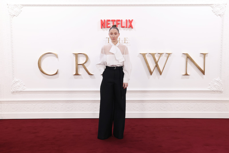 Erin Doherty attends The Crown finale celebration at The Royal Festival Hall.