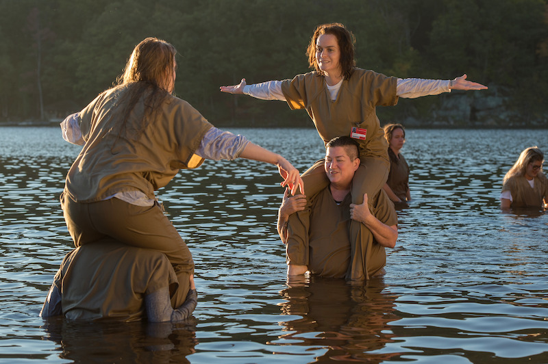 (L to R) Taryn Manning as Tiffany "Pennsatucky", Lea DeLaria as Big Boo on the set of Orange Is The New Black Season 3.