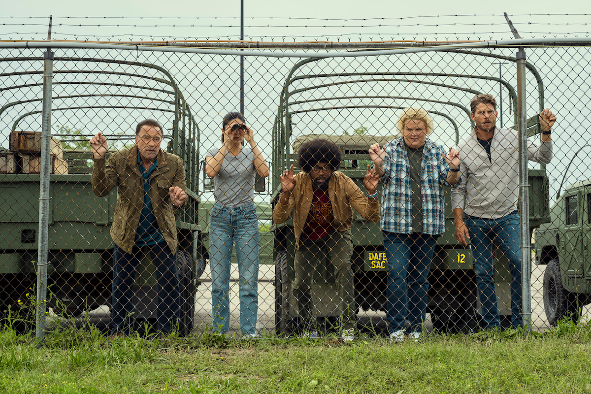 Arnold Schwarzenegger as Luke Brunner, Monica Barbaro as Emma Brunner, Milan Carter as Barry Putt, Fortune Feimster as Roo Russell, and Travis Van Winkle as Aldon Reece in Season 2 of ‘FUBAR’