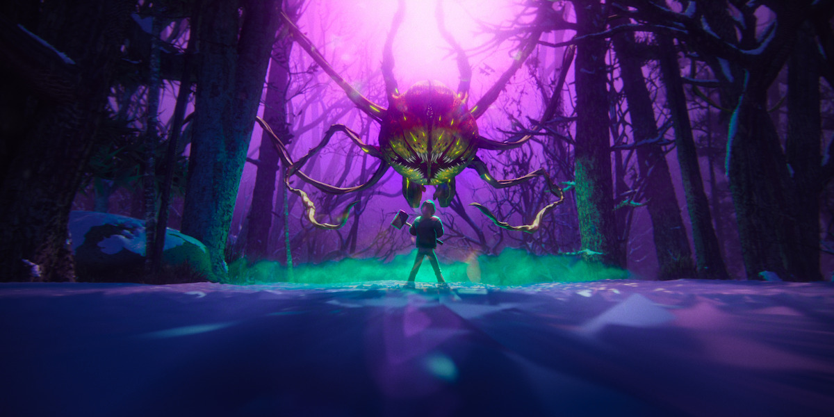A figure wielding an axe confronts a large, menacing tentacled creature in a snowy, dark forest under glowing purple light.