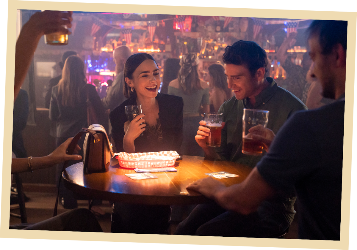 Lily Collins as Emily and Bryan Greenberg as Jake Campbell in ‘Emily in Paris’ Season 5.