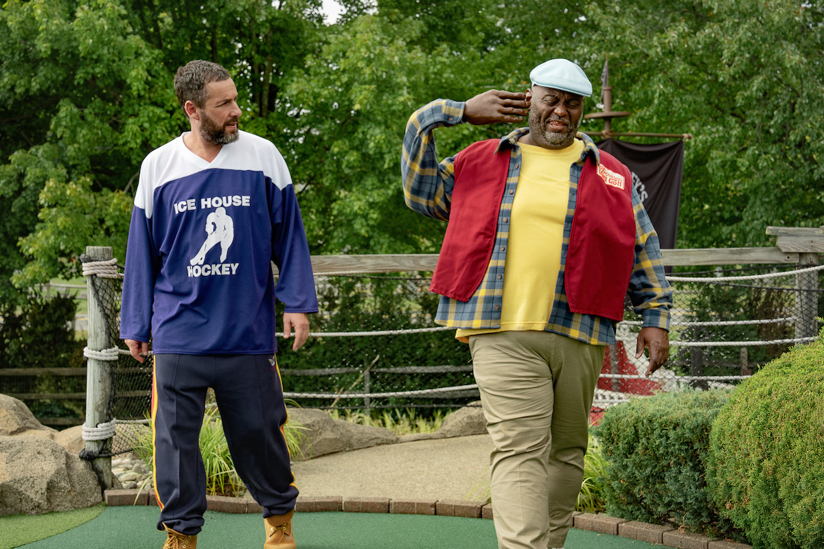 HAPPY GILMORE 2. (L to R) Adam Sandler as Happy Gilmore and Lavell Crawford as Slim Peterson in Happy Gilmore2. Credit Scott Yamano/Netflix © 2025.