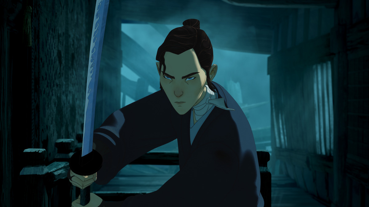 Animated warrior with determined expression holds a sword in a dim, shadowy wooden corridor with blue lighting, suggesting tension or an impending battle.
