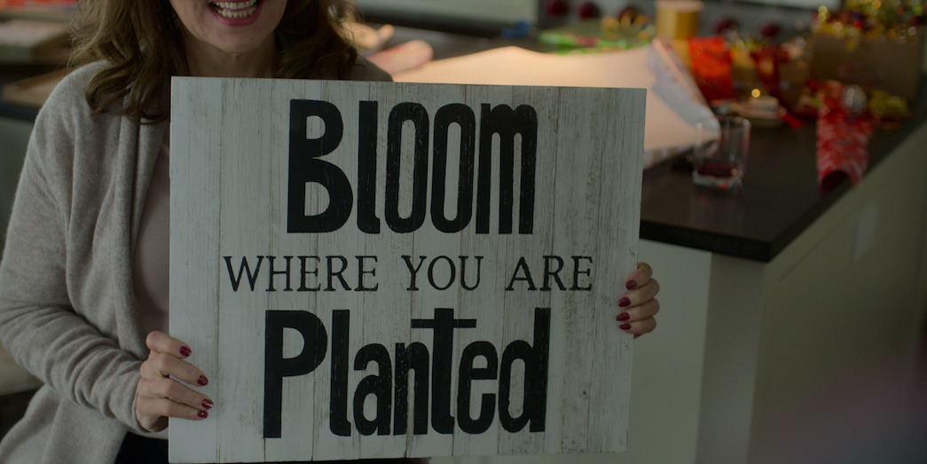 A sign on the wall of a suburban home reads "Bloom Where You Are Planted"