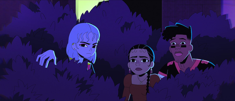 Ali Wong as Jentry, Cristina Milizia as Stella and A.J. Beckles as Michael peek over a bush in 'Jentry Chau vs. the Underworld'