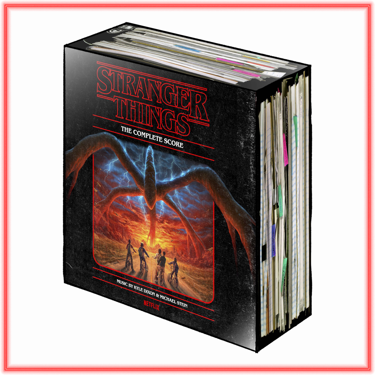 Box set of "Stranger Things: The Complete Score" with dramatic cover art showing four characters facing a giant monster in a fiery, stormy landscape, surrounded by record sleeves, Netflix branding visible.