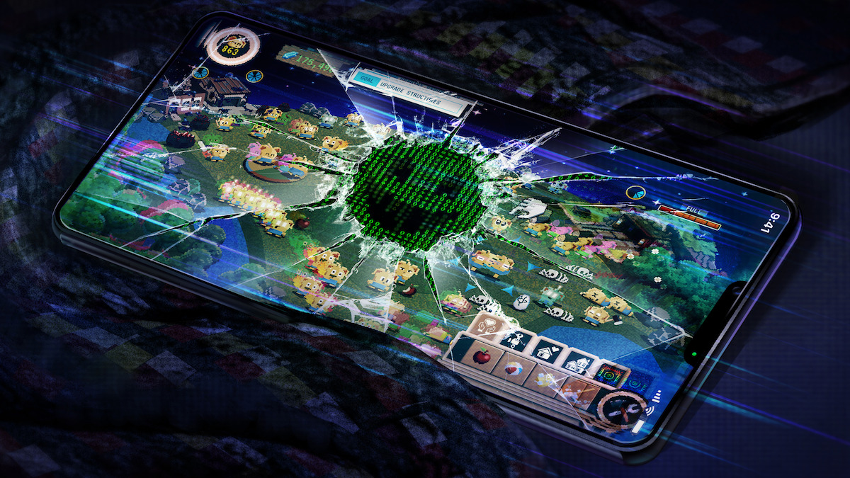 A mobile game screen with a cracked display, showing a green digital smiley face symbolizing a virus or hack.