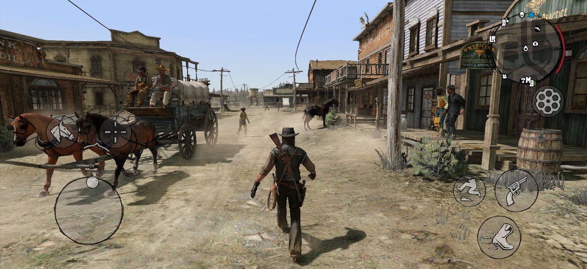 Man walking through Old West town, with stagecoach scene in Red Dead Redemption video game.