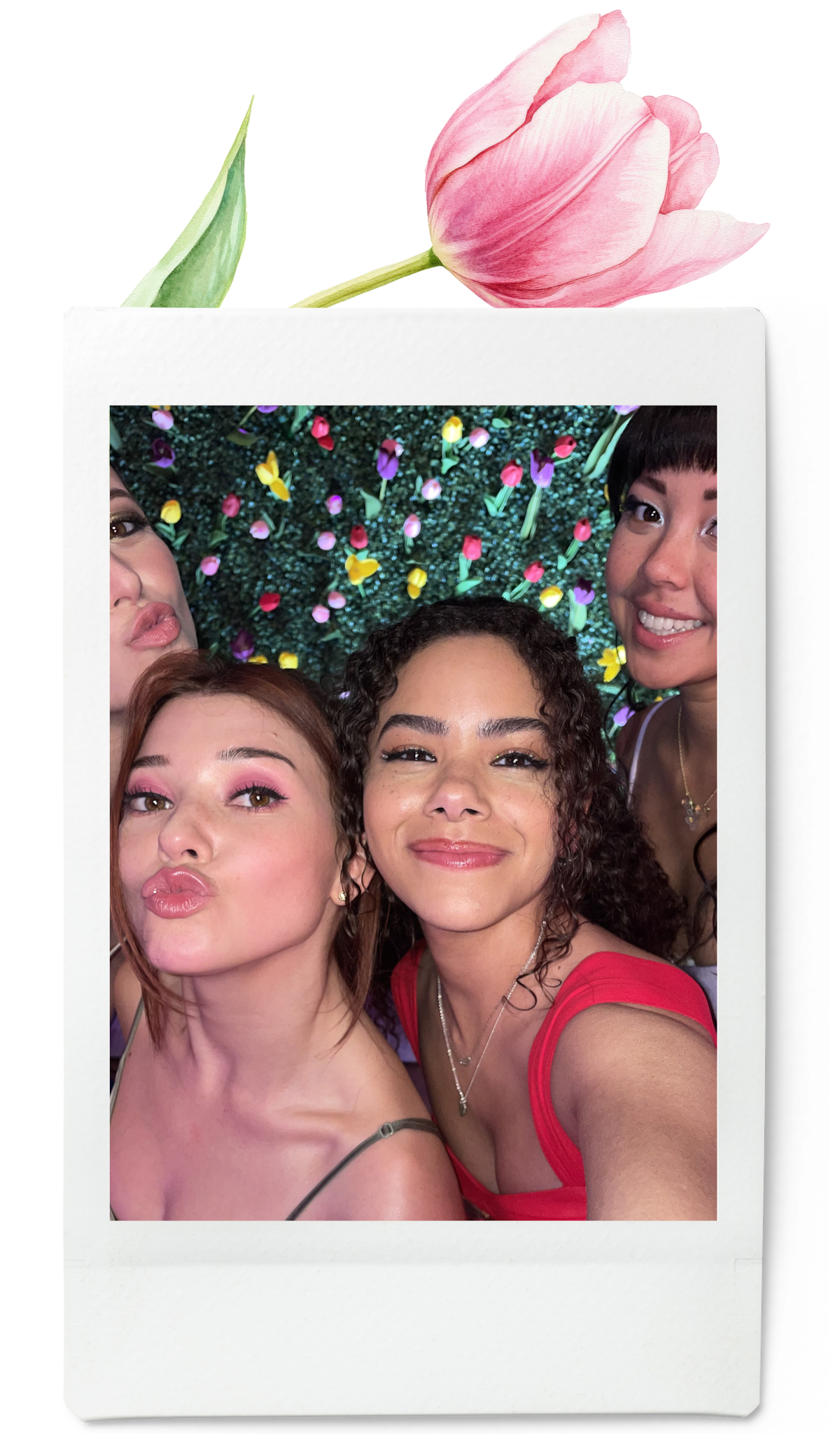 Polaroid of four friends taking selfie