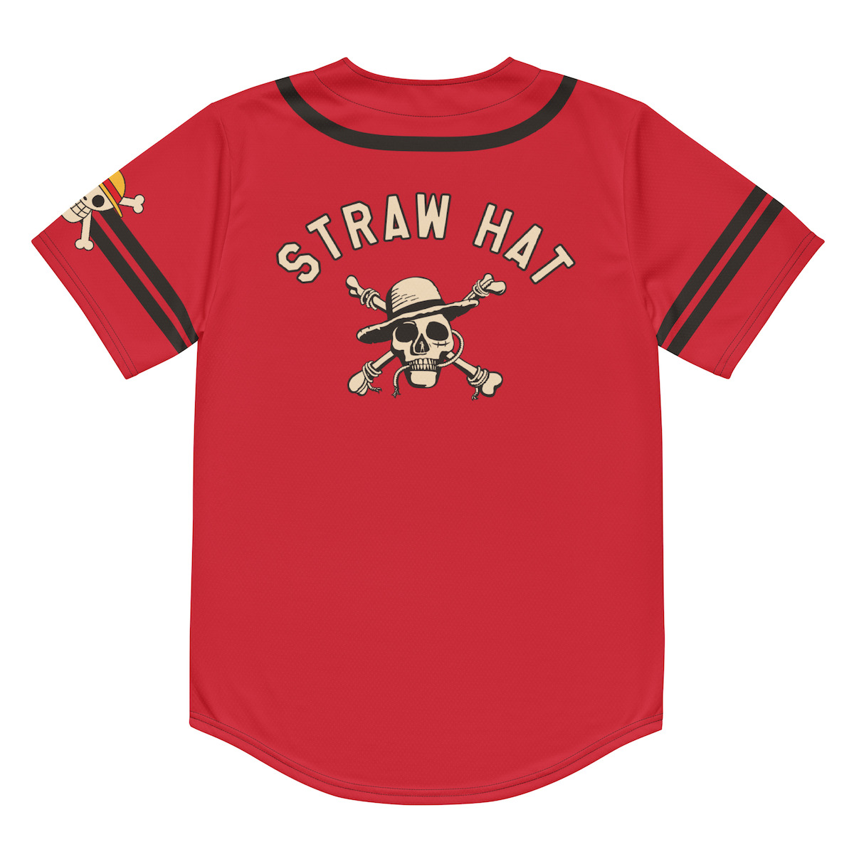 Red baseball-style jersey with black stripes, featuring a skull and crossbones wearing a straw hat and the words "Straw Hat" on the back. Pirate-themed design.