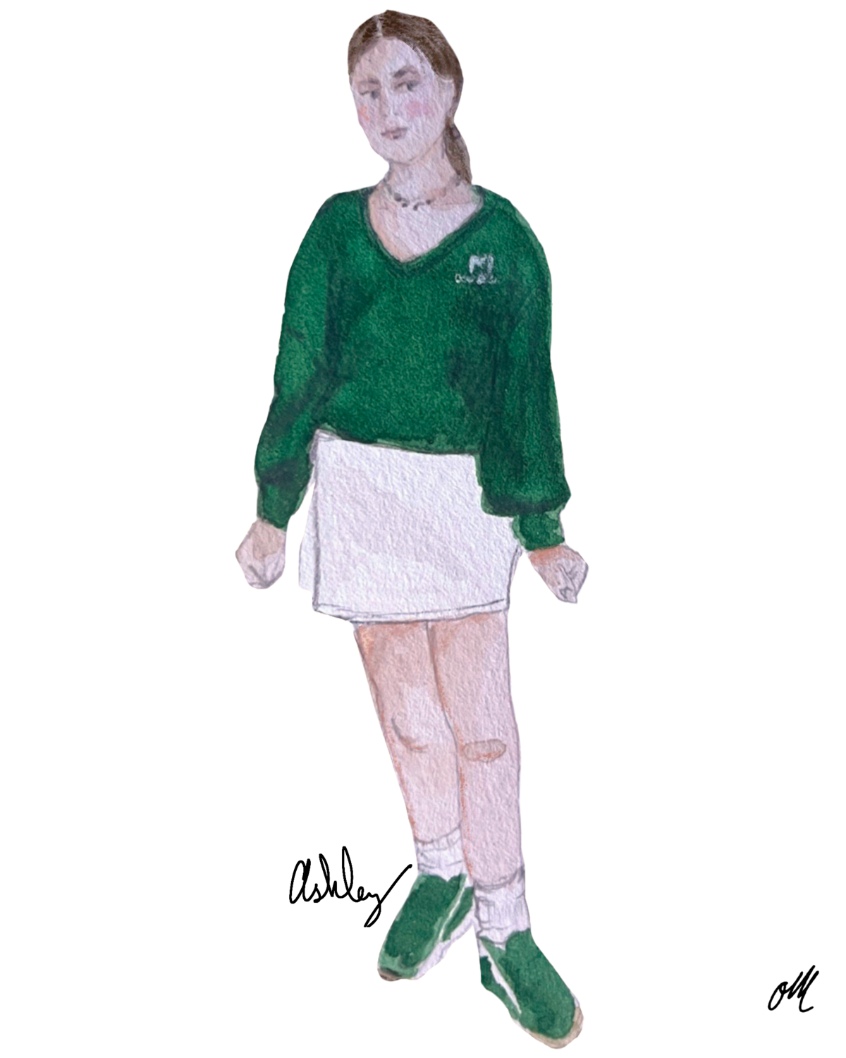Illustration of a young woman standing, wearing a green sweater, white mini skirt, and green shoes.