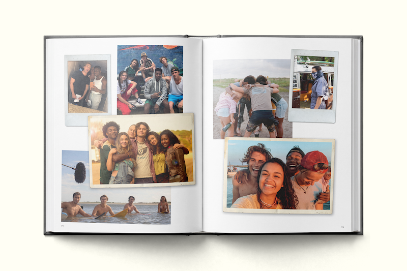 A photo album open to pages showing groups of friends smiling, hugging, and spending time together outdoors and at the beach, capturing fun and joyful memories in natural, sunny settings.