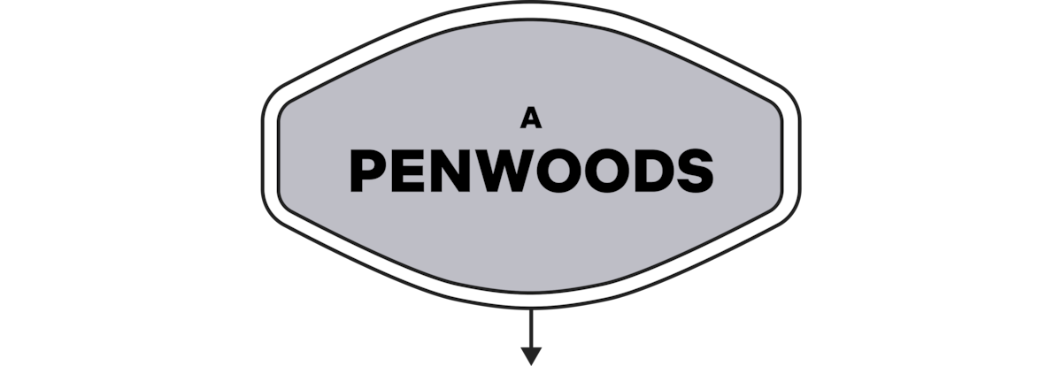 Gray shield-shaped road sign with bold black text "A PENWOODS" in the center, white outline around the edge, and a black downward arrow below, on a transparent background.