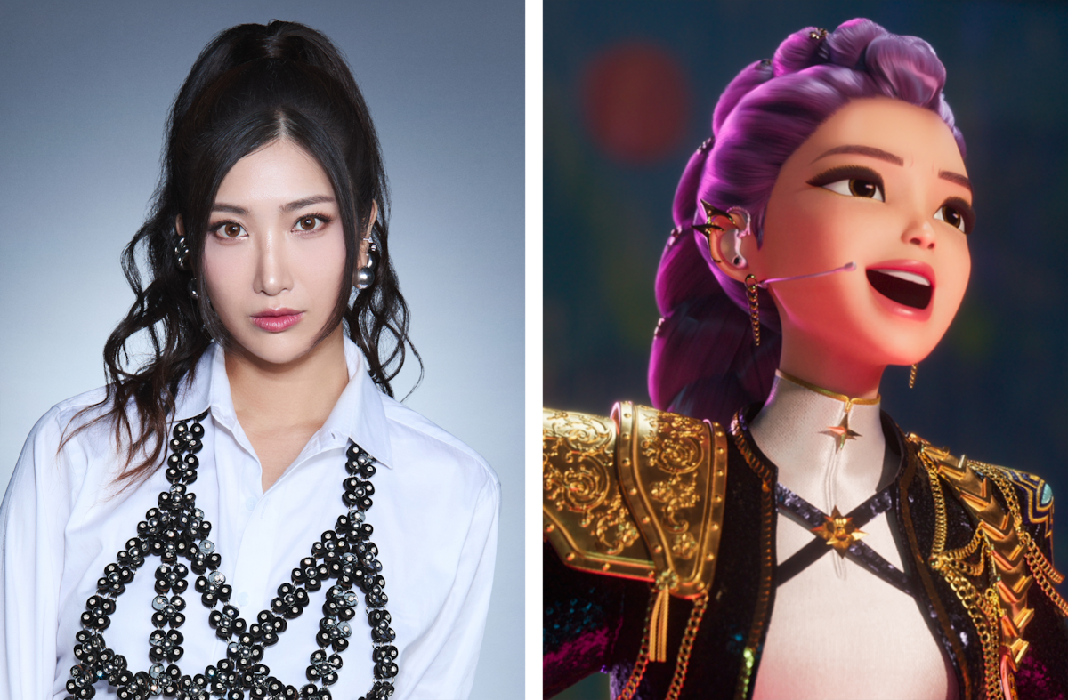 A split image showing EJAE with long dark hair in a white shirt and black beaded accessory against a plain backdrop, and Rumi, an animated character with purple hair, a headset, and ornate clothing on a colorful stage.