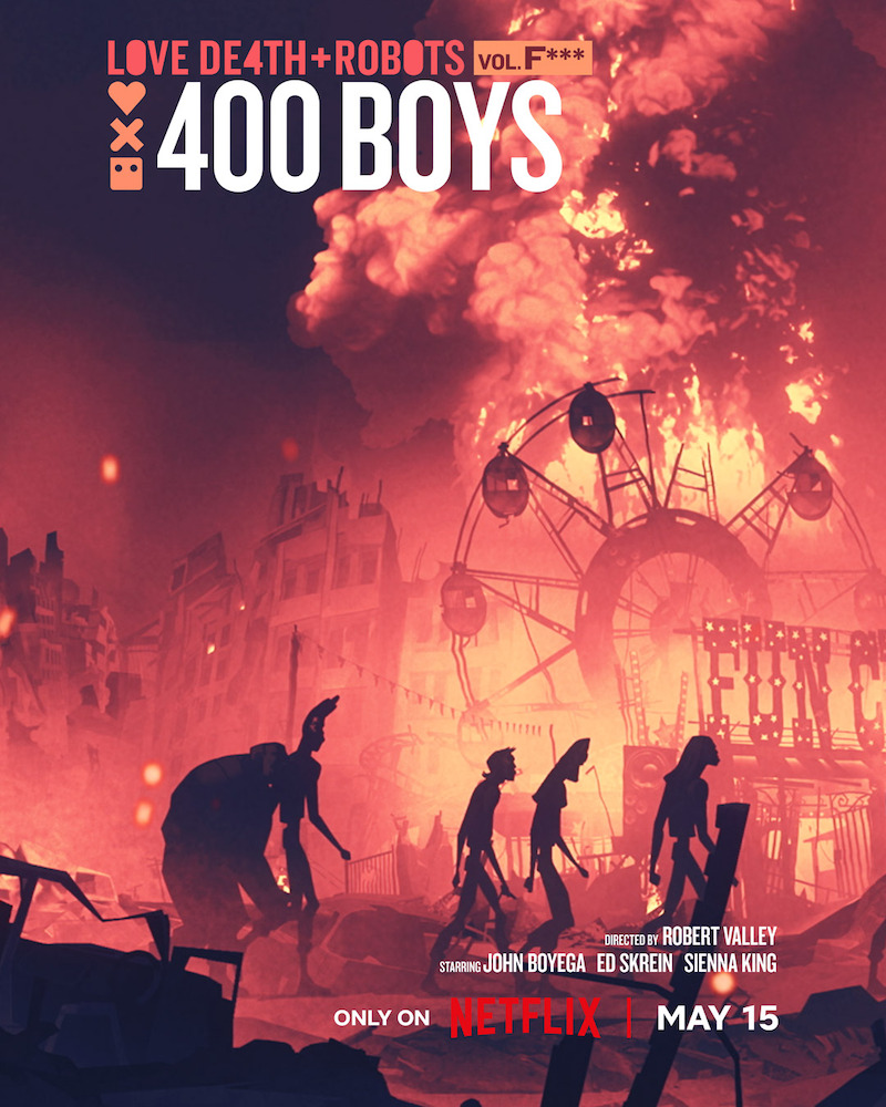 Key art for the episode "400 Boys" in 'Love, Death + Robots' Volume 4 featuring silhouetted figures walking with a burning ferris wheel behind them.
