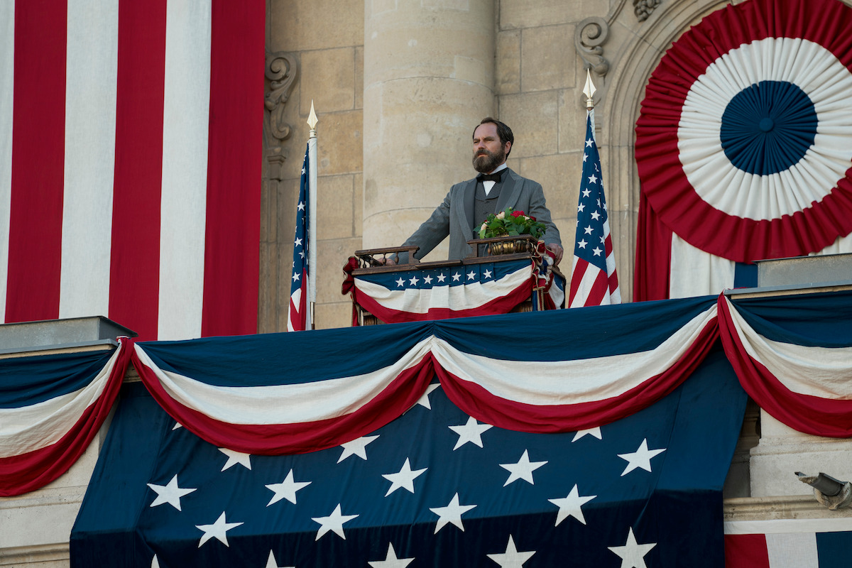 Michael Shannon as James Garfield stands on stage in ‘Death by Lightning.’