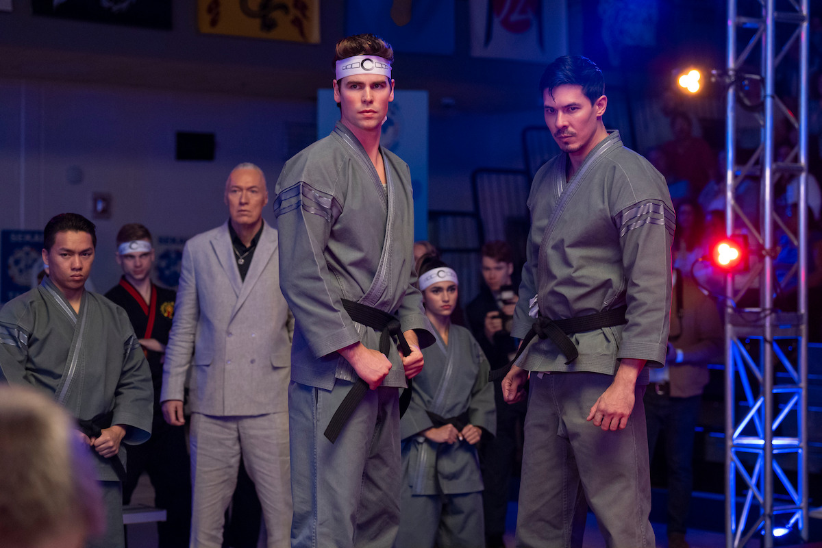 Thomas Ian Griffith as Terry Silver, Patrick Luwis as Axel, Rayna Vallandingham as Zara, and Lewis Tan as Sensei Wolf in ‘Cobra Kai’ Season 6.